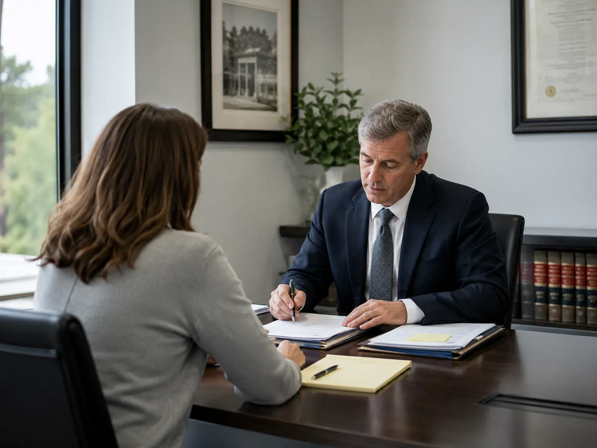 Greensboro divorce lawyer reviewing case materials with a client at our NC law office