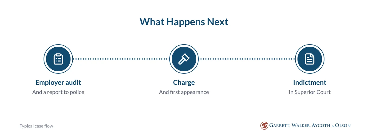 Path showing a larceny by employee case moving from the employer's audit to the charge and first appearance to an indictment in Superior Court
